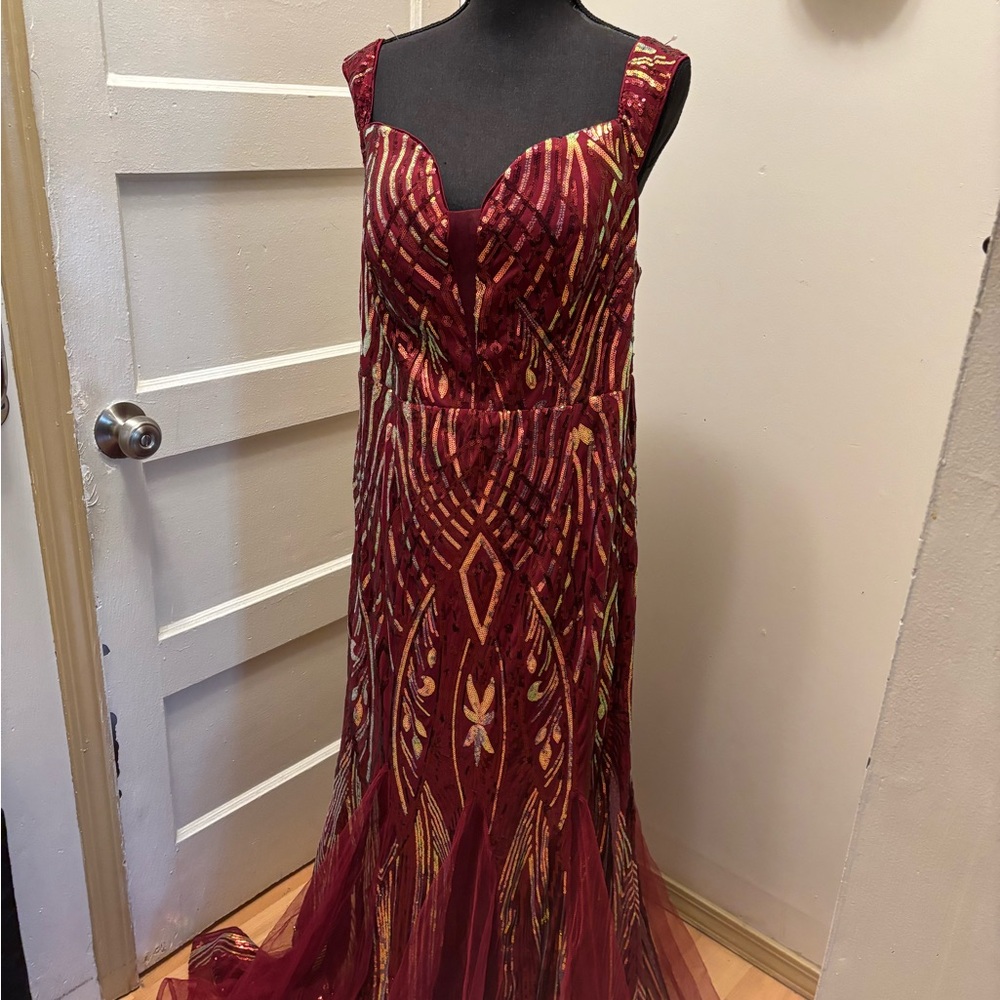 Elegant Burgundy and Gold Beaded Evening Gown
